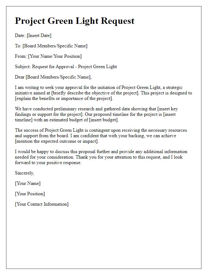 Letter template of project green light request for board