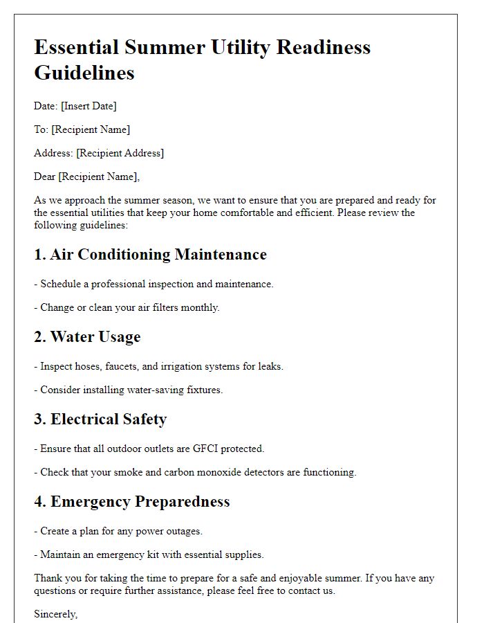 Letter template of Essential Summer Utility Readiness Guidelines