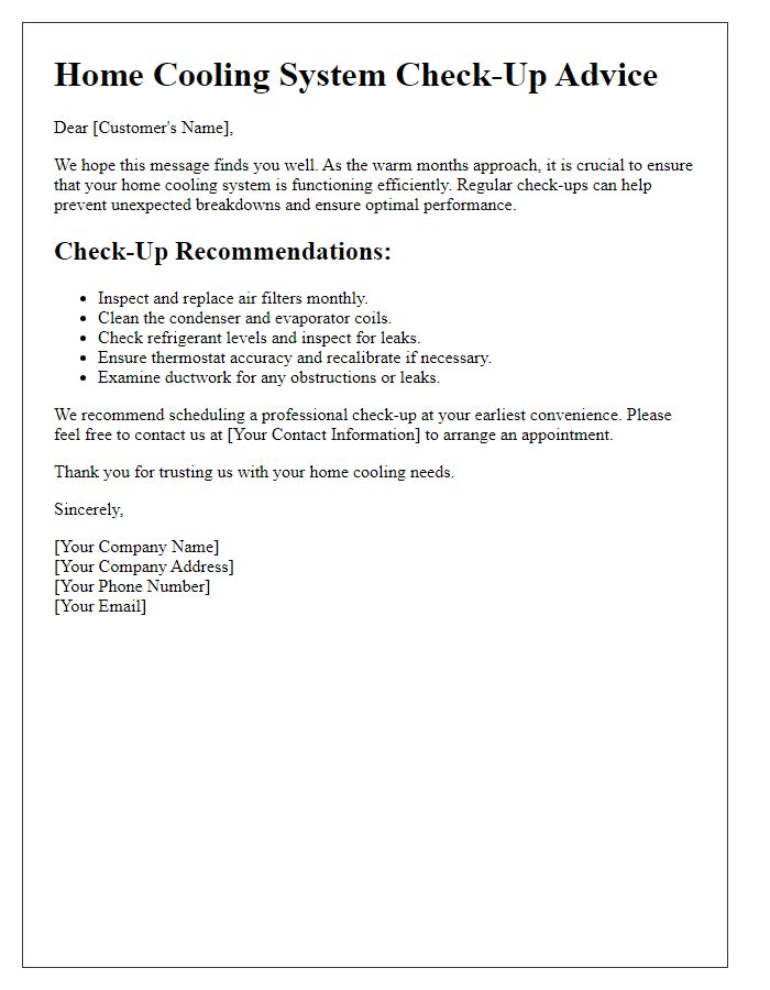 Letter template of Home Cooling System Check-Up Advice