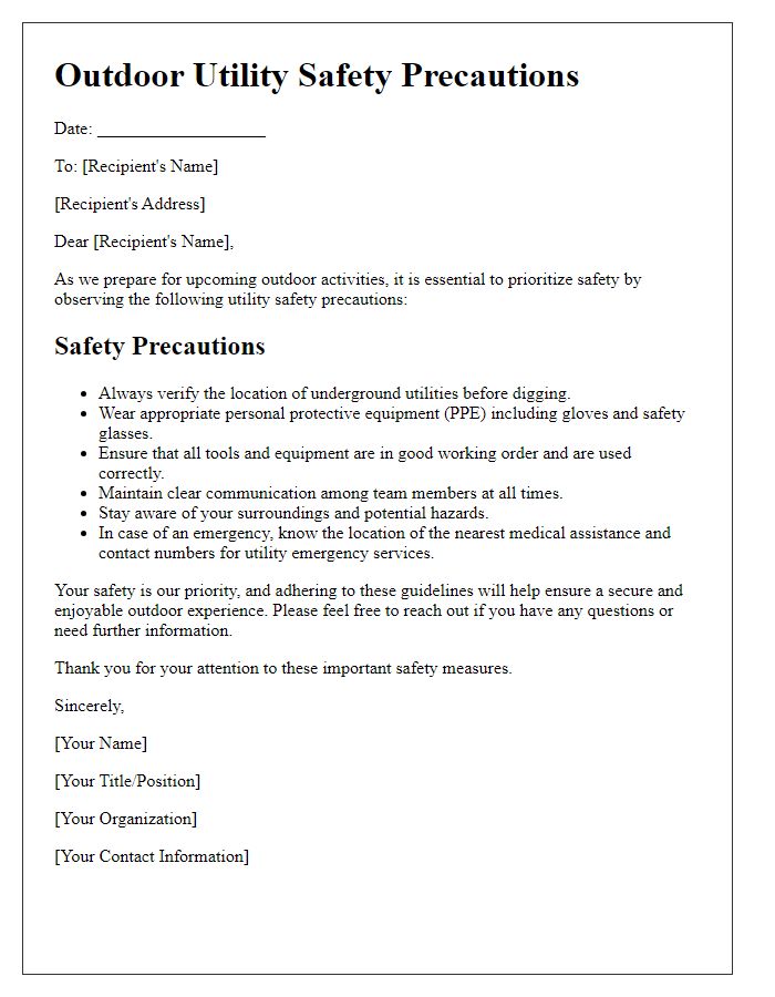 Letter template of Outdoor Utility Safety Precautions