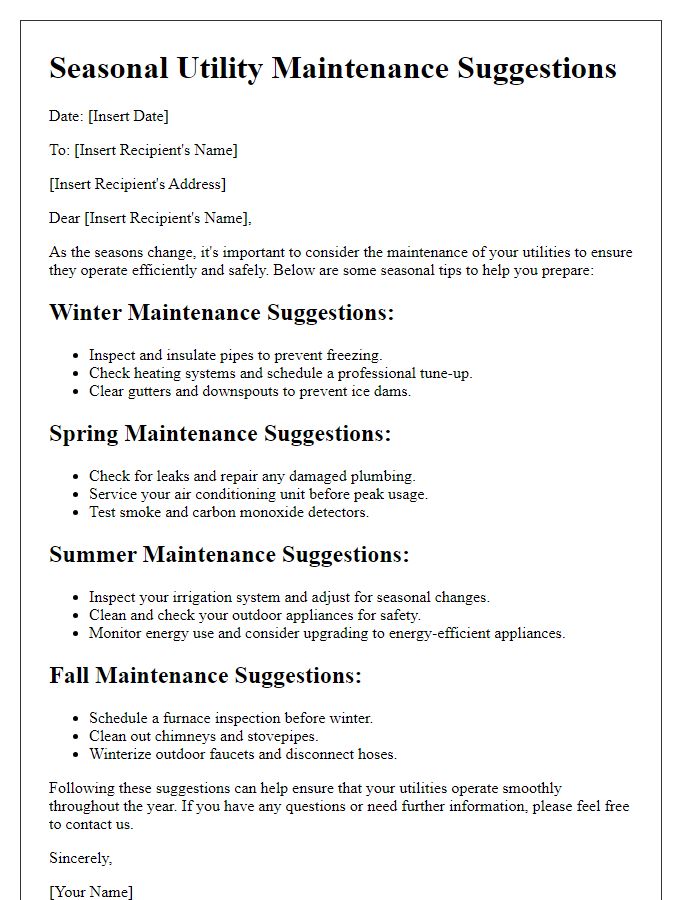 Letter template of Seasonal Utility Maintenance Suggestions