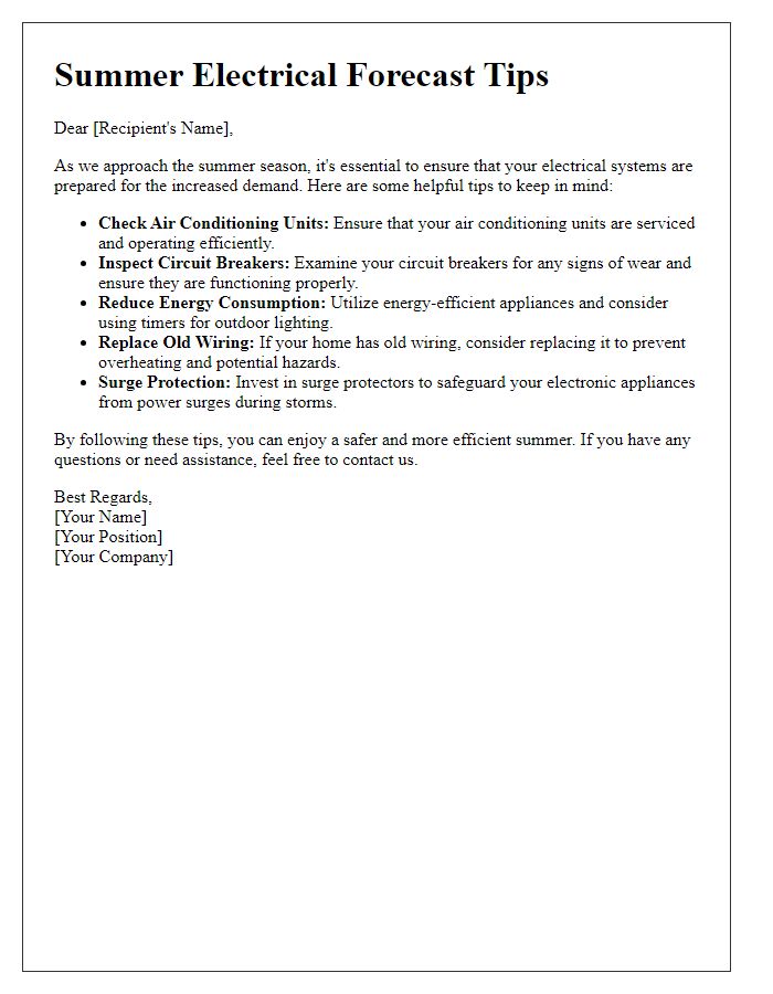 Letter template of Summer Electrical Forecast Tips