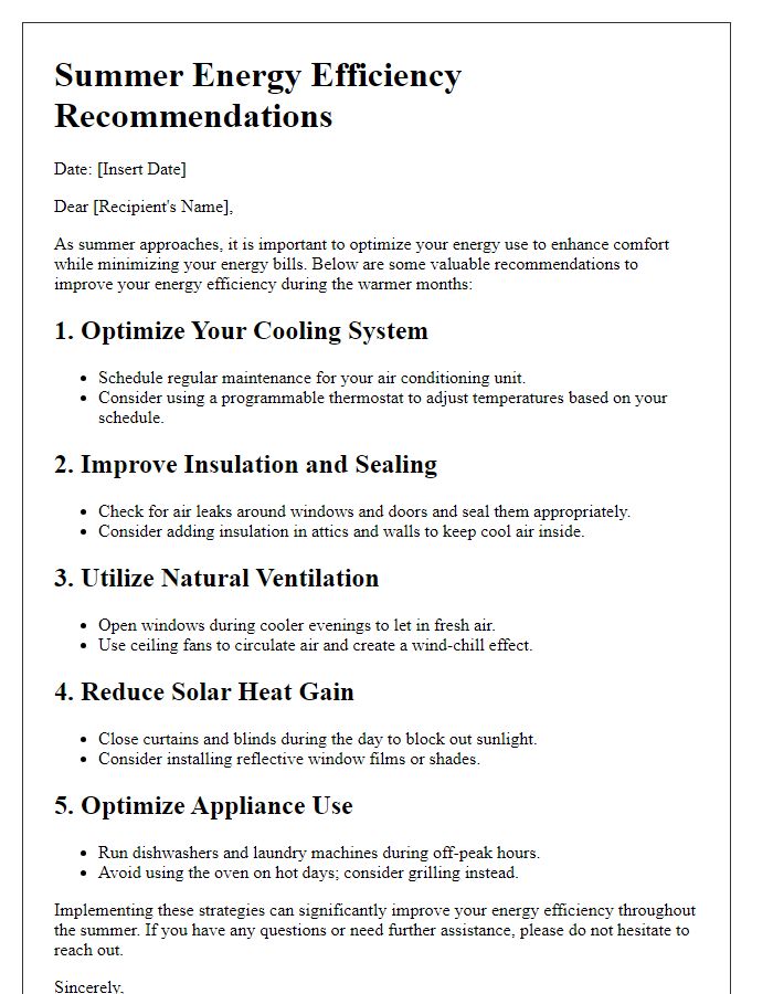 Letter template of Summer Energy Efficiency Recommendations