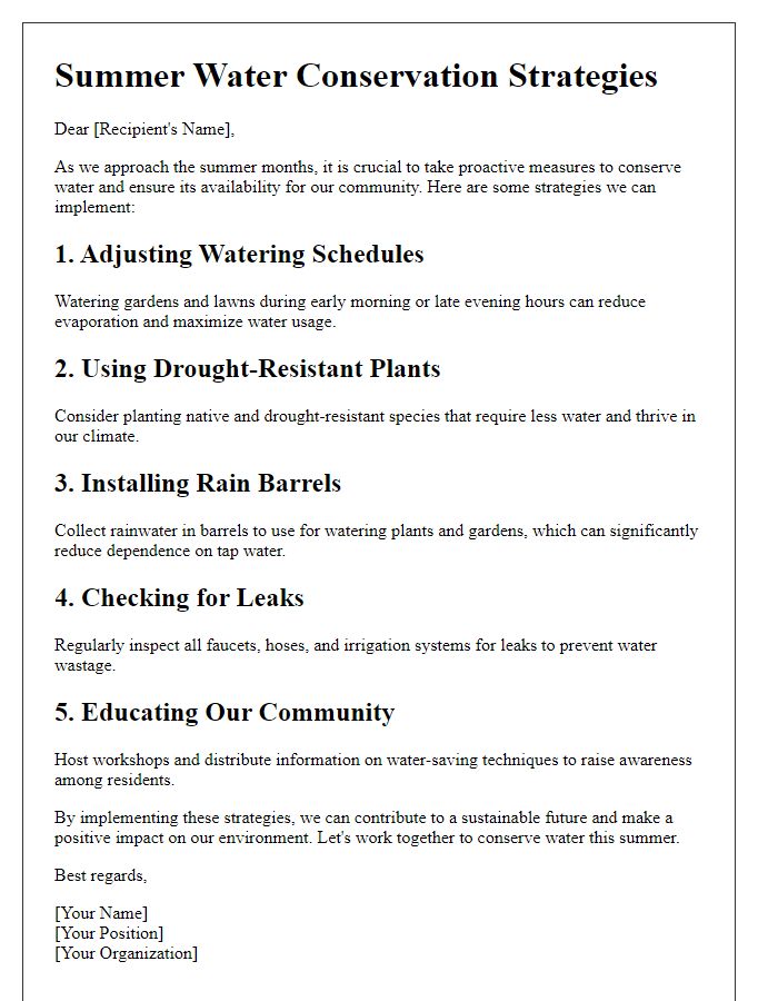 Letter template of Summer Water Conservation Strategies