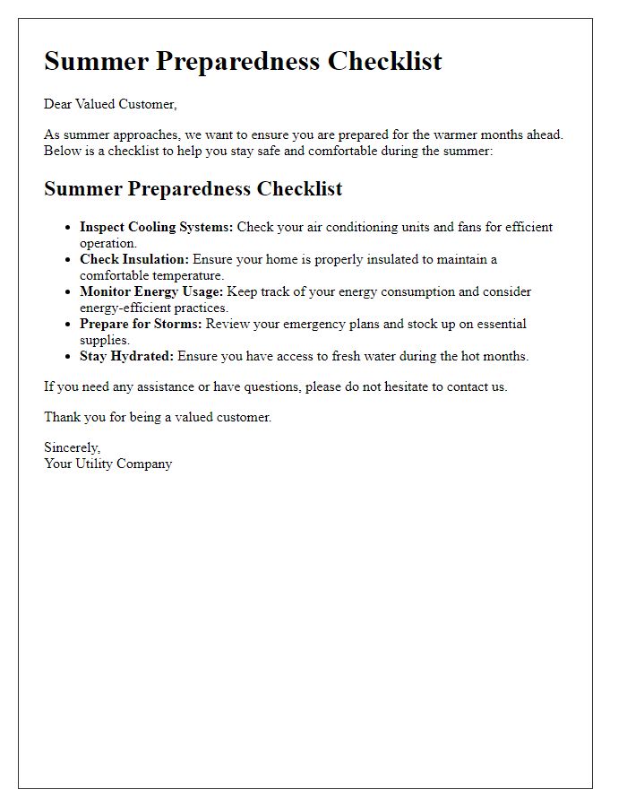 Letter template of Utility Customer Summer Preparedness Checklist