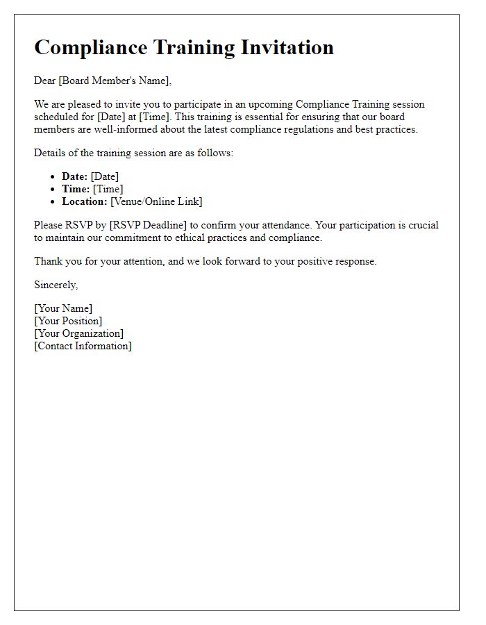 Letter template of Compliance Training Invitation for Board Members