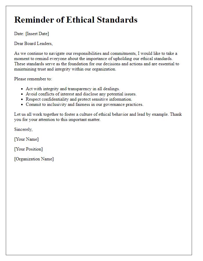 Letter template of Ethical Standards Reminder for Board Leaders