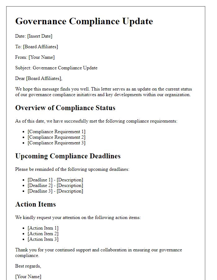 Letter template of Governance Compliance Update for Board Affiliates