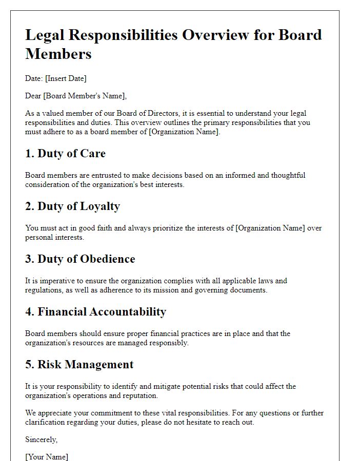 Letter template of Legal Responsibilities Overview for Board Members