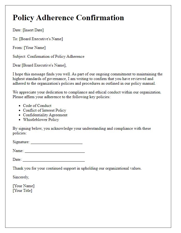 Letter template of Policy Adherence Confirmation for Board Executives