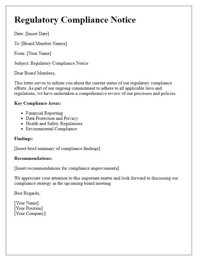 Letter template of Regulatory Compliance Notice for the Board