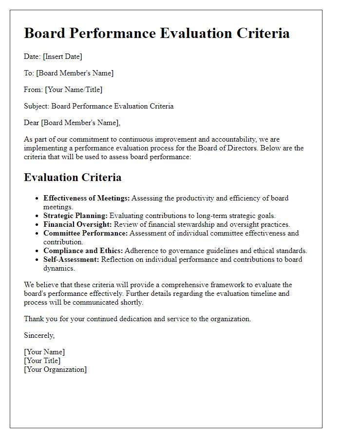 Letter template of board performance evaluation criteria