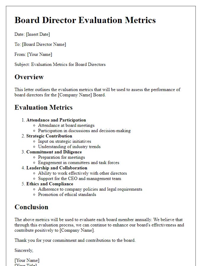 Letter template of evaluation metrics for board directors