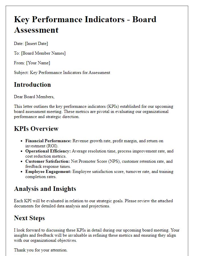 Letter template of key performance indicators for board assessment