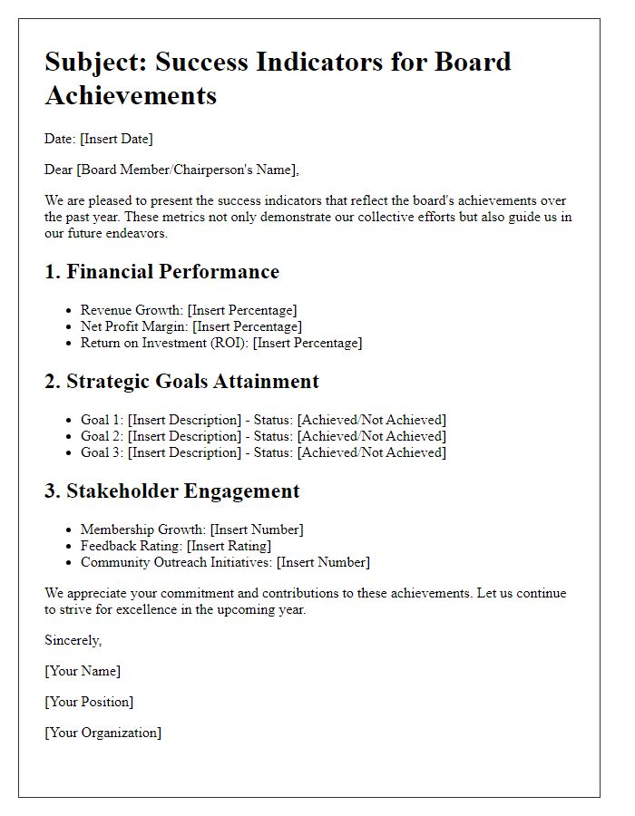 Letter template of success indicators for board achievements