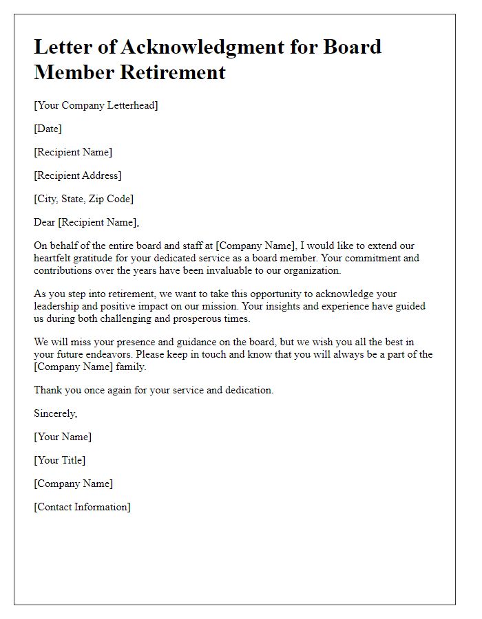 Letter template of Acknowledgment for Board Member Retirement