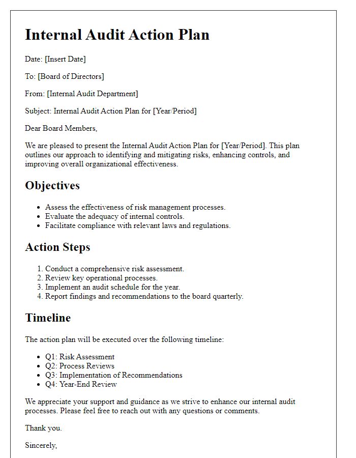 Letter template of internal audit action plan for the board