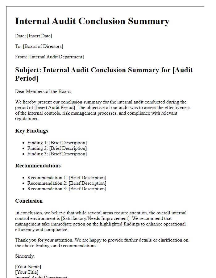 Letter template of internal audit conclusion summary for the board