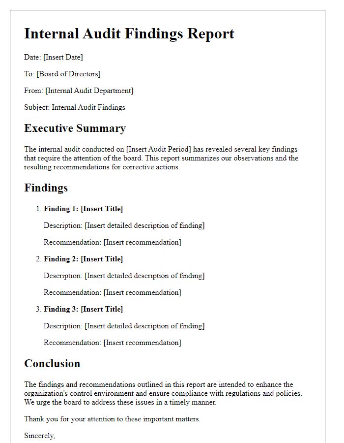 Letter template of internal audit findings for the board