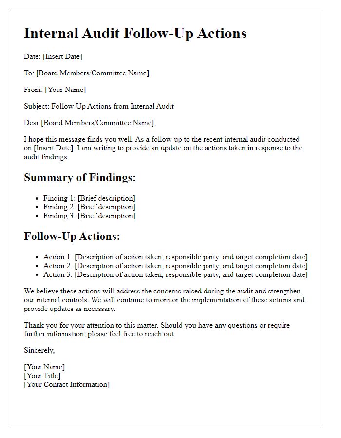 Letter template of internal audit follow-up actions for the board