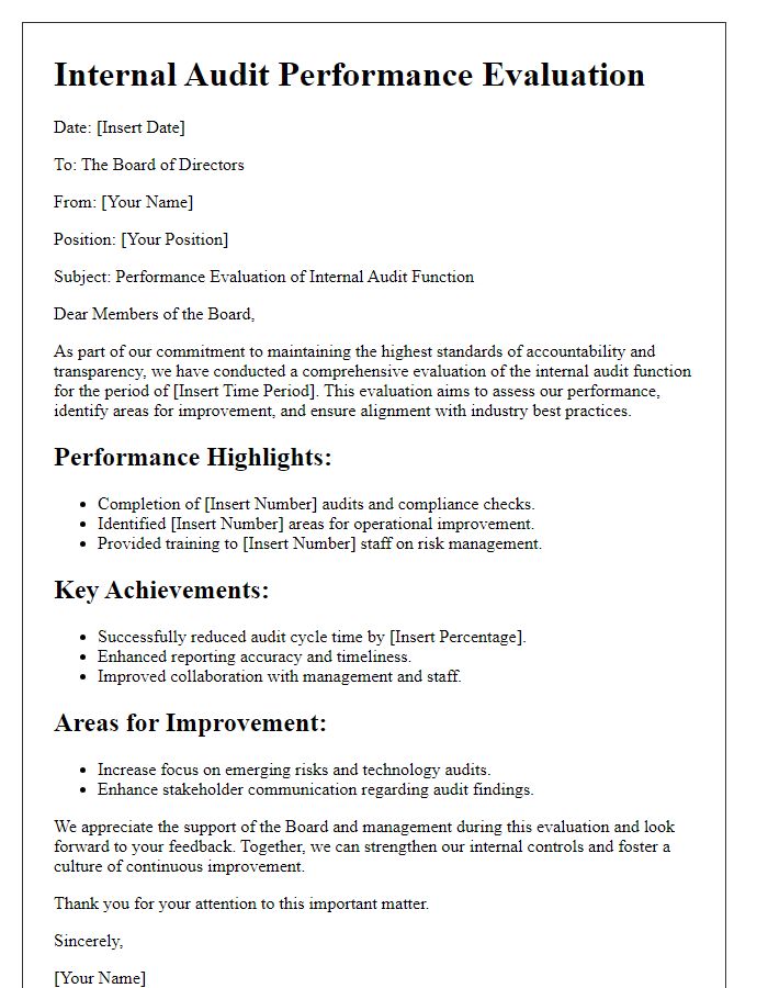 Letter template of internal audit performance evaluation for the board