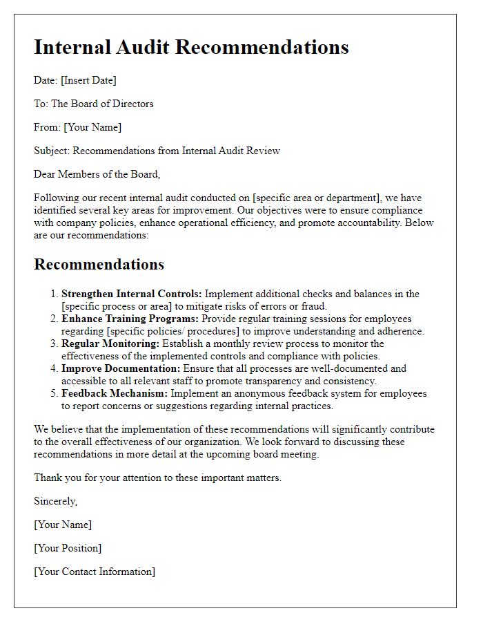 Letter template of internal audit recommendations for the board