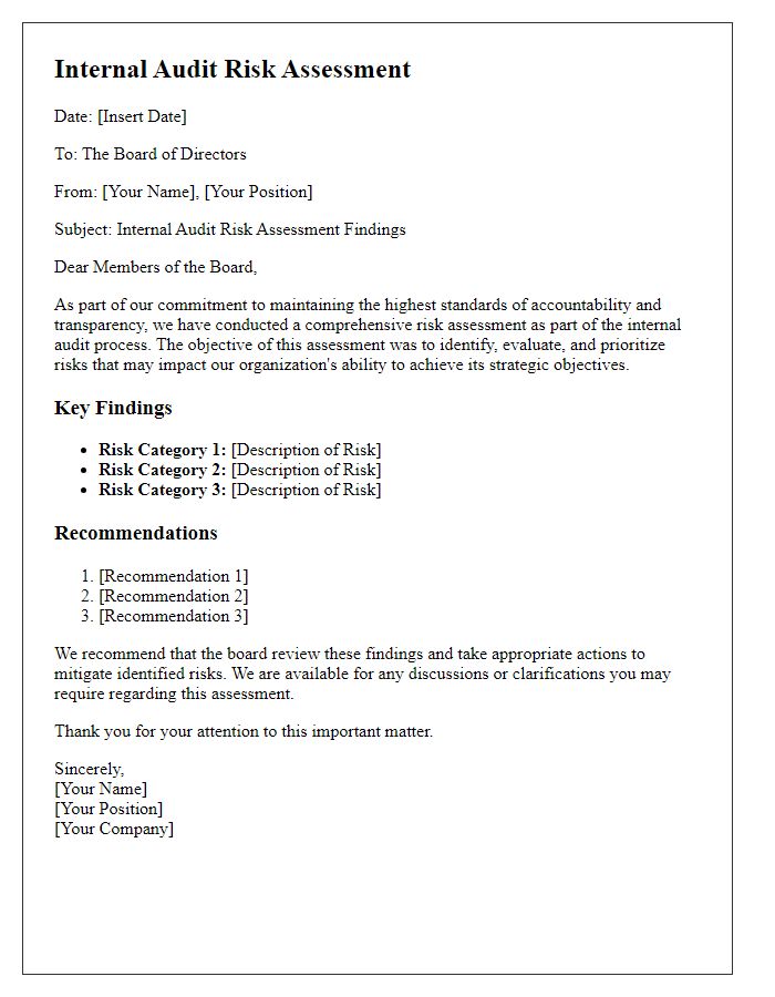 Letter template of internal audit risk assessment for the board