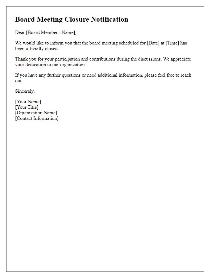 Letter template of board meeting closure notification