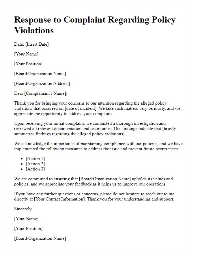 Letter template of board complaint response addressing policy violations.