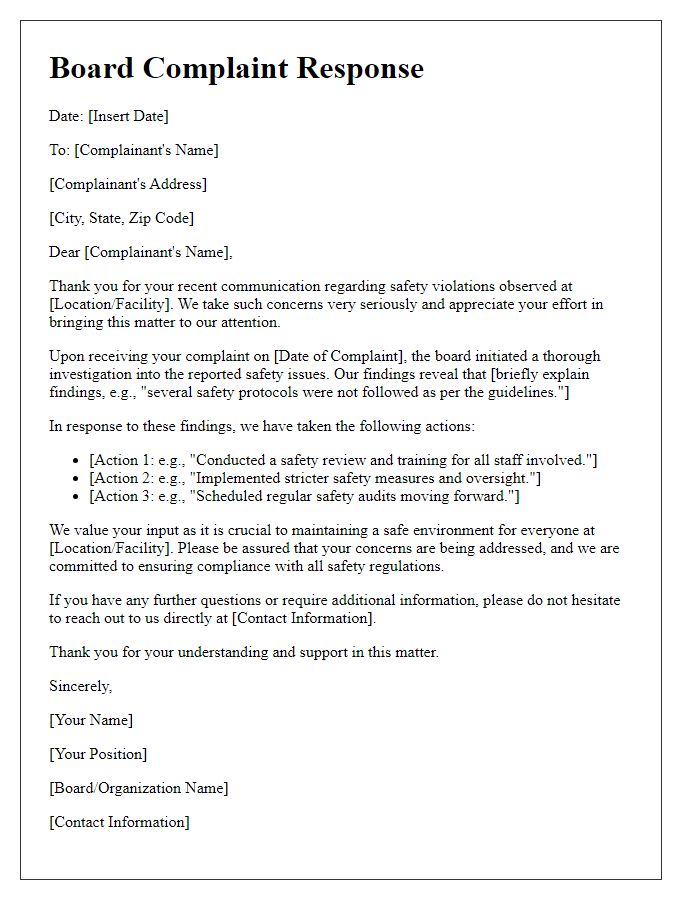 Letter template of board complaint response concerning safety violations.