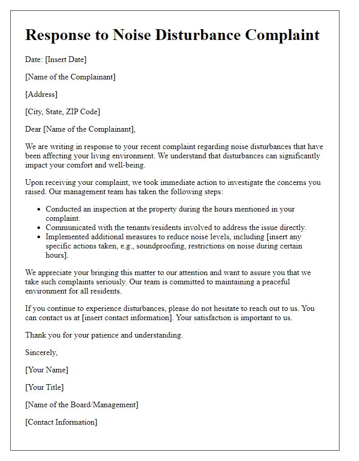 Letter template of board complaint response for noise disturbances.