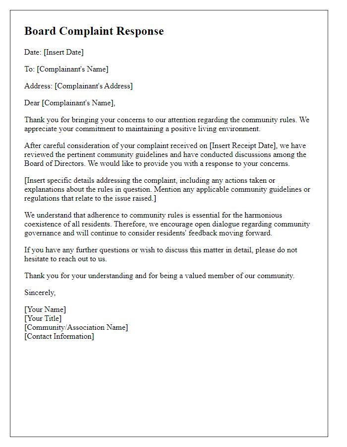 Letter template of board complaint response regarding community rules.