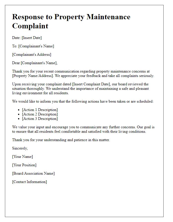 Letter template of board complaint response regarding property maintenance.