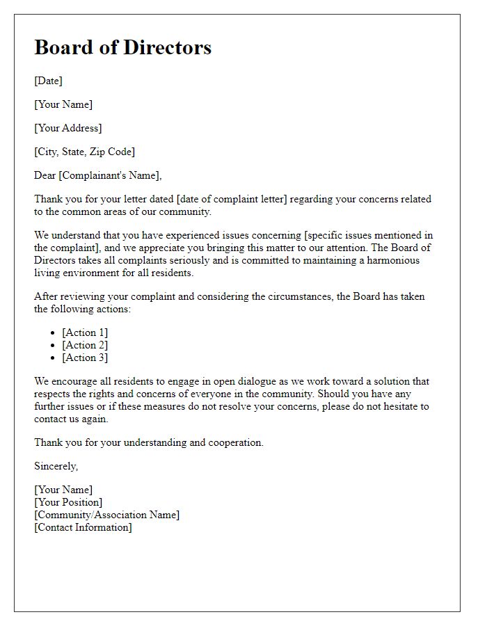 Letter template of board complaint response related to common area disputes.