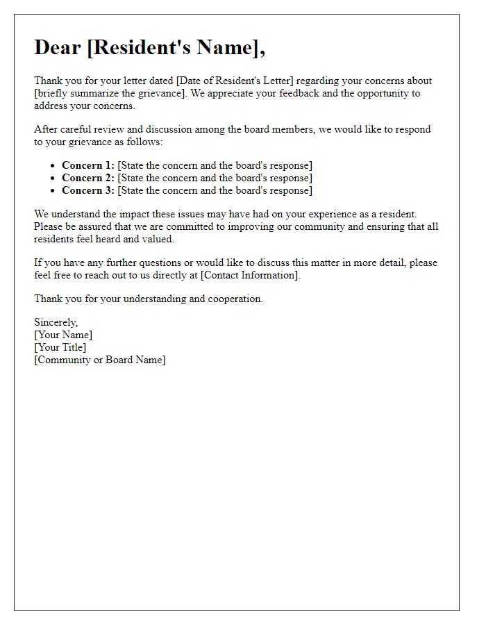 Letter template of board complaint response to a resident's grievances.