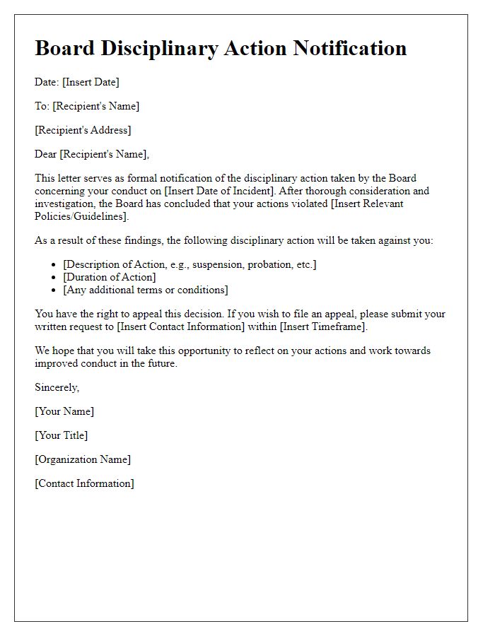 Letter template of Board Disciplinary Action Notification