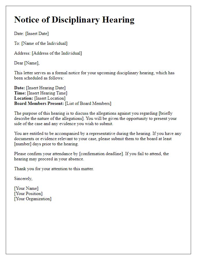 Letter template of Notice for Board Disciplinary Hearing