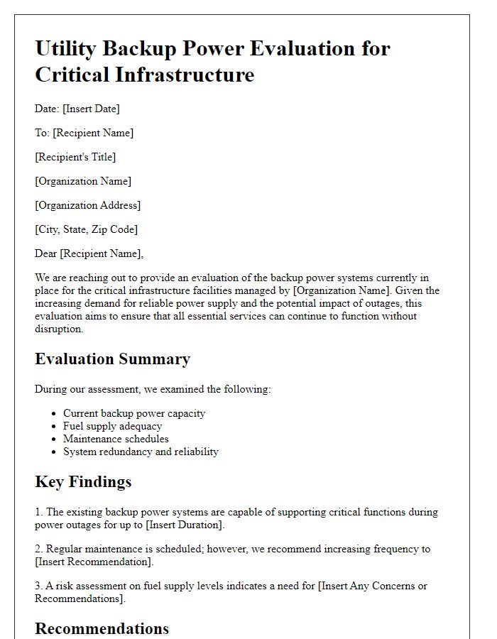 Letter template of utility backup power evaluations for critical infrastructure