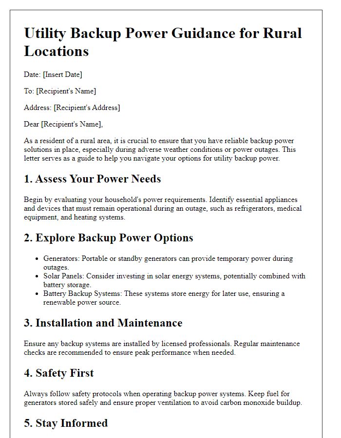 Letter template of utility backup power guidance for rural locations