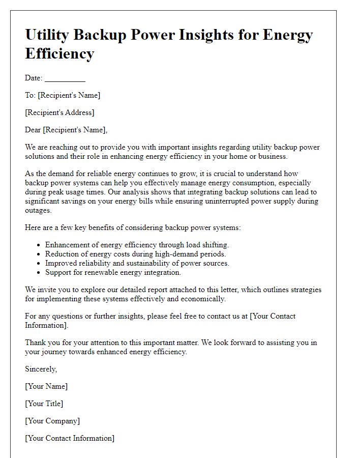 Letter template of utility backup power insights for energy efficiency