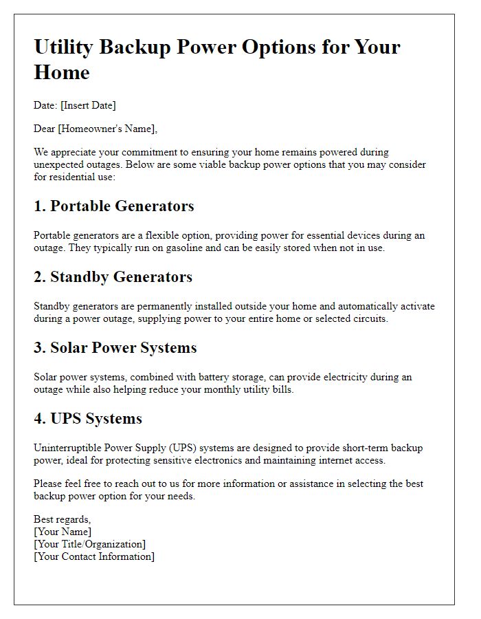 Letter template of utility backup power options for residential use