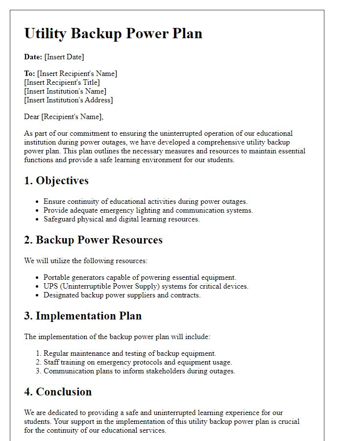 Letter template of utility backup power plans for educational institutions