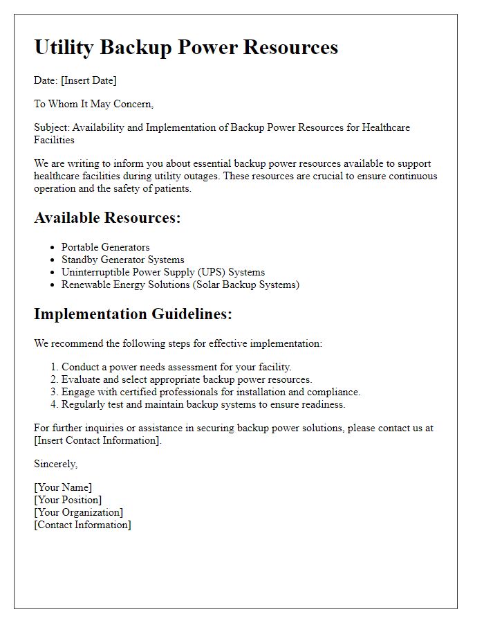 Letter template of utility backup power resources for healthcare facilities