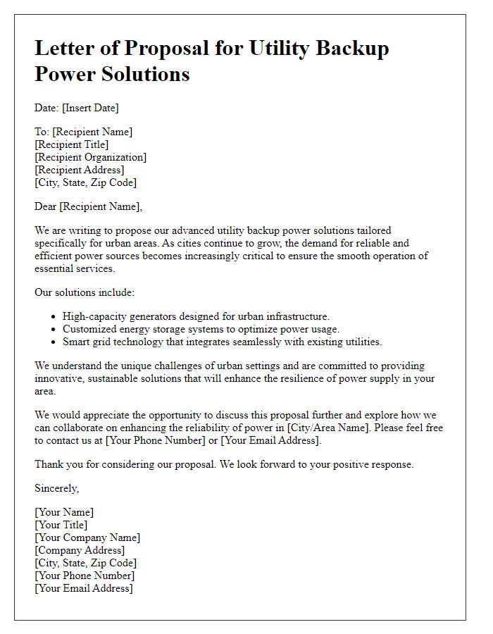 Letter template of utility backup power solutions for urban areas