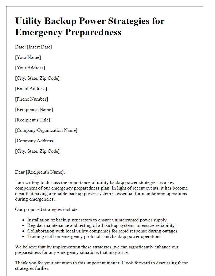 Letter template of utility backup power strategies for emergency preparedness