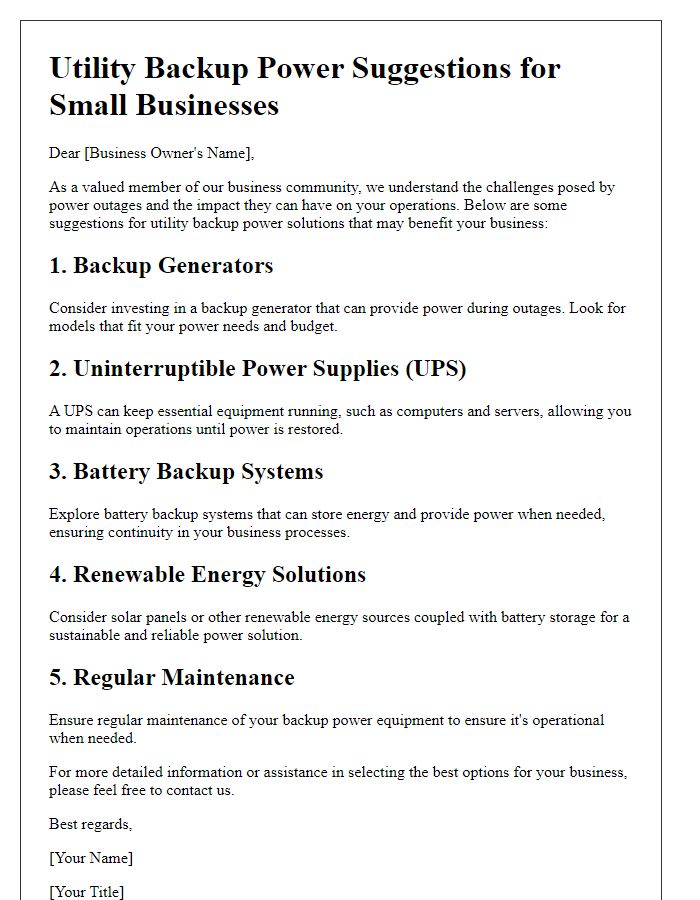 Letter template of utility backup power suggestions for small businesses