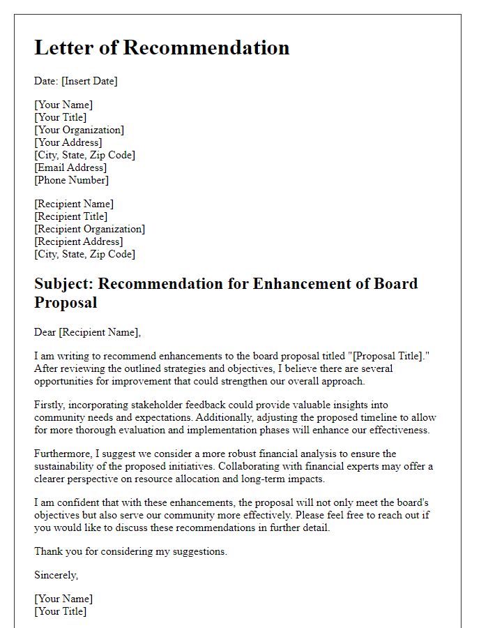 Letter template of recommendations for board proposal enhancement