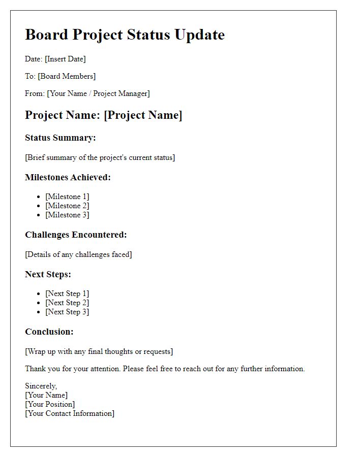 Letter template of board project status update