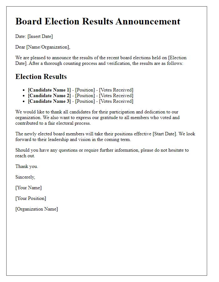 Letter template of board election results announcement.