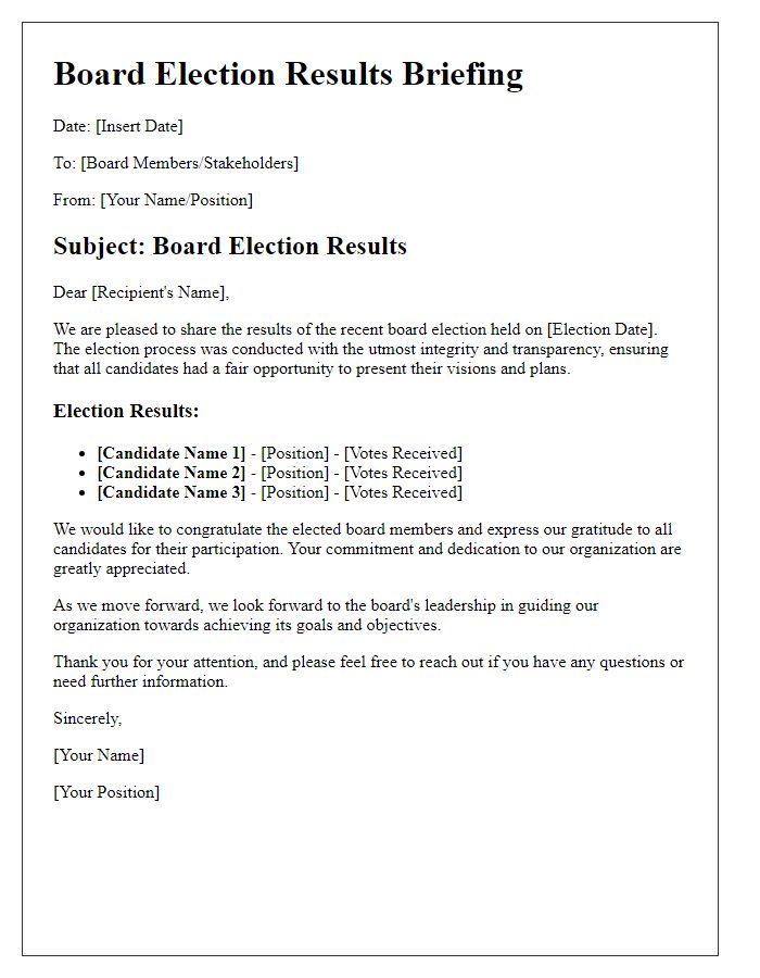 Letter template of board election results briefing.